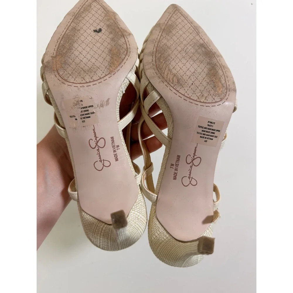 Jessica Simpson Heels Womens‎ 7M Cream Excellent Caged Slingback Kitten Toe